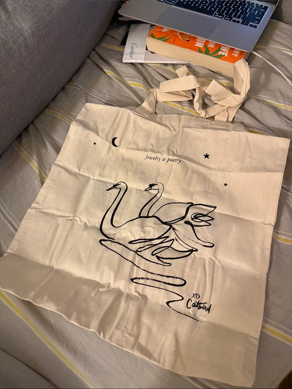 Canvas Tote with Swan Line Art - Cream and Black